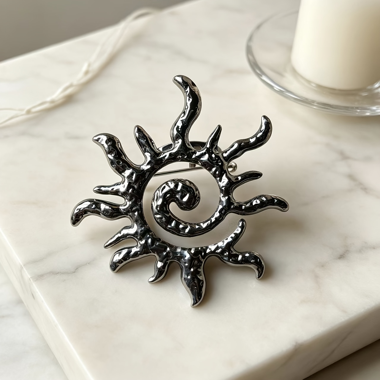 Retro Spiral Sun Brooch, Irregular Hammered Metal Pin